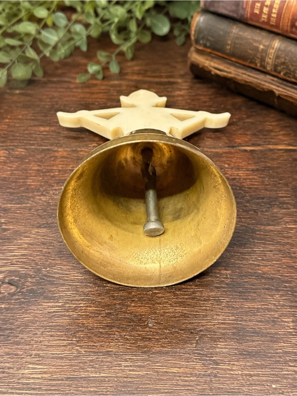 Vintage Brass Bell Cream Lucite Pixie Elf Figure Topper Mid Century Decor